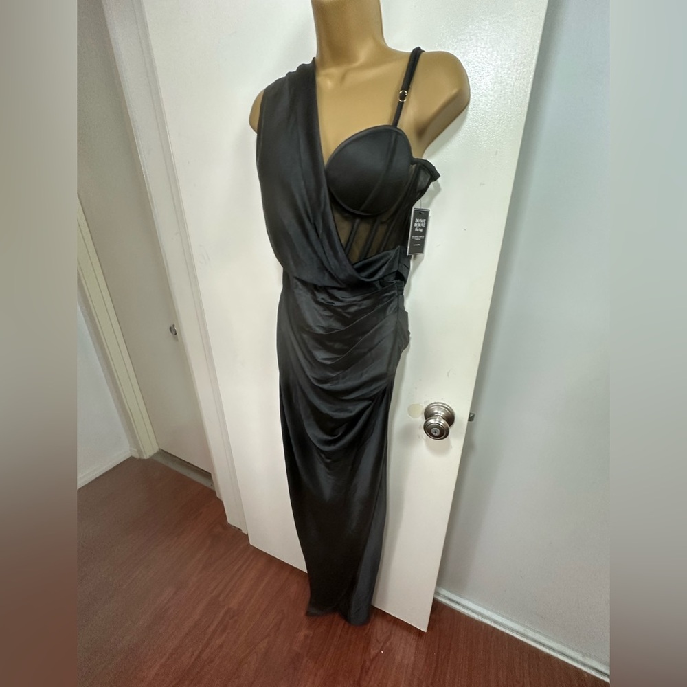 JLUXLABLE Black Anastacia‎ Satin Corset Drapy OneShoulder Front Slit Dress NWT S - Picture 6 of 16